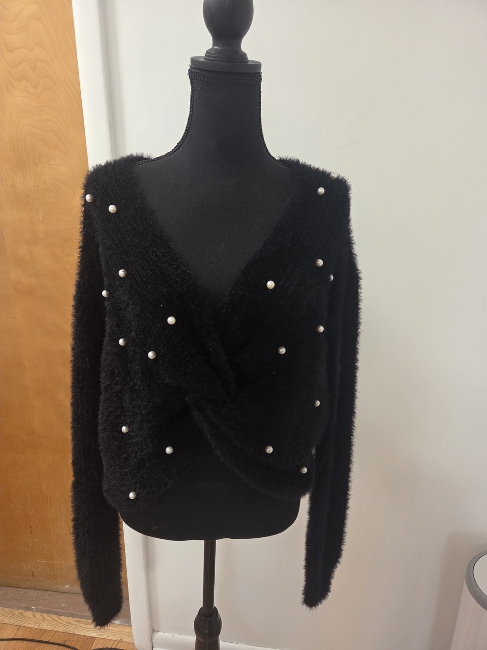 Almost Famous Black Fuzzy V-Neck Sweater with Faux Pearls